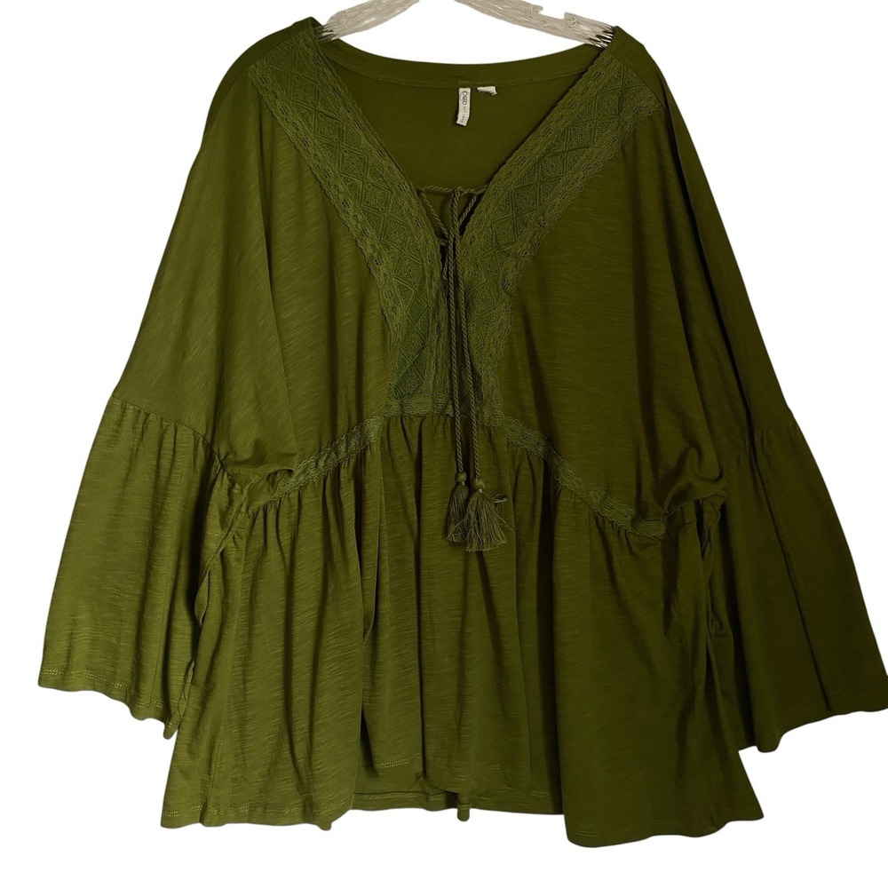 CATO Peasant Top 2X  Green V Neck High Waist Flowing Relaxed Boho Cottagecore